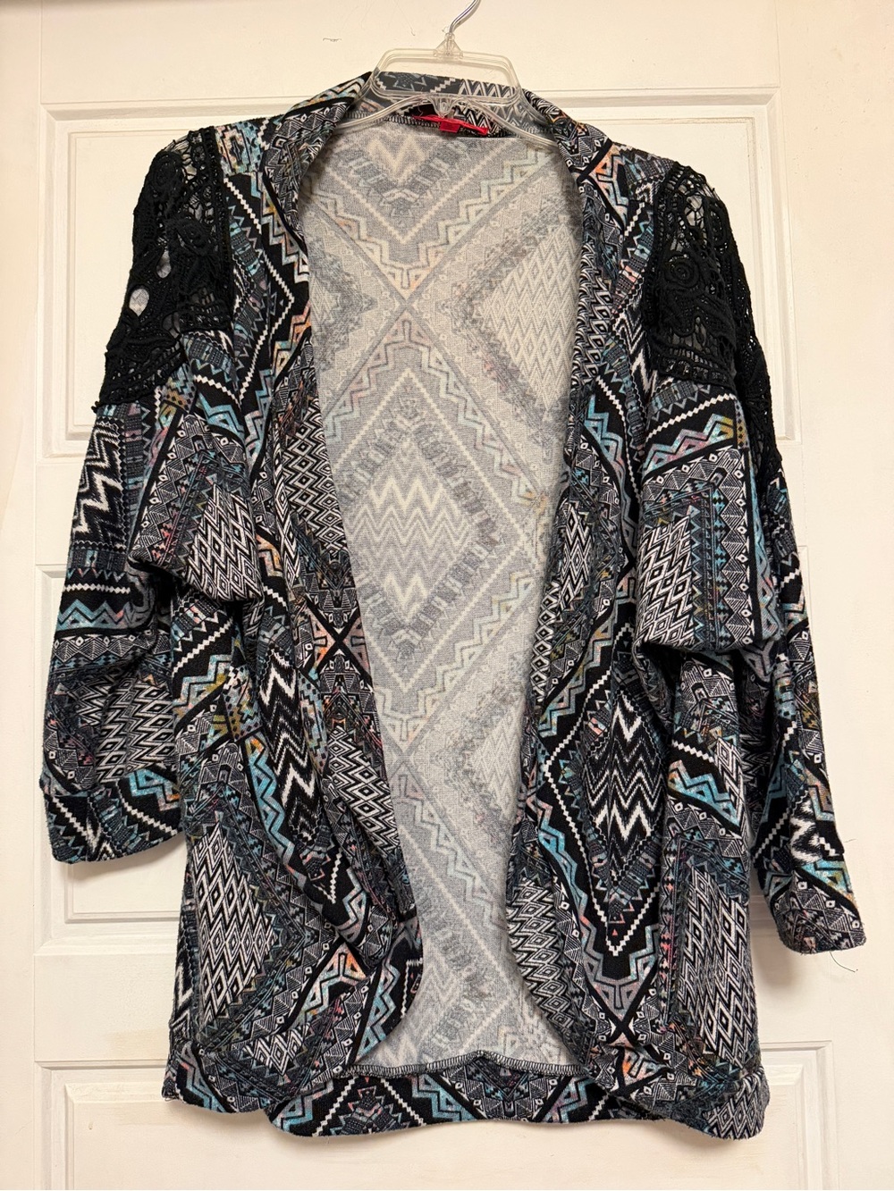 Hot Kiss Open-Front Aztec Print Cardigan - Black, Teal, Gray